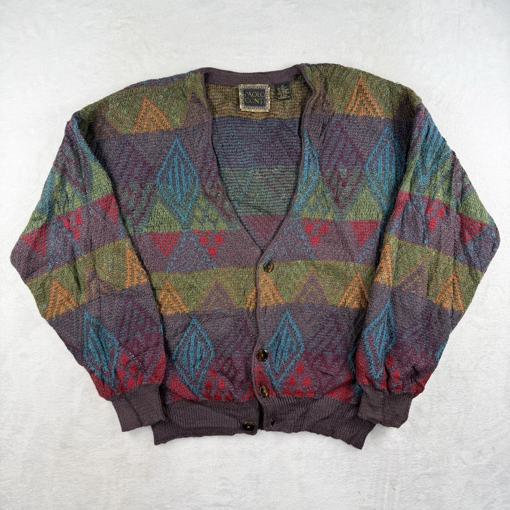 Vtg 80s Paolo Conti Knit Cardigan Sweater Men M 3D Coogi Grandpacore Wool Argyle